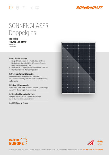 Sonnenkraft KPV GML 420Wp HC 2x4 mm Doppelglas-Modul, rahmenlos, ÜKZ, TOPCON, bifacial, transparent (1766 mm x 1165 mm x 9 mm)